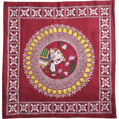 Handpainted Aipan Elephant & Lotus Maroon Art